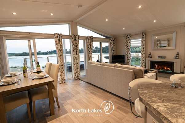 The interior of one of the luxury lodges in the Lake District at North Lakes Country Park.